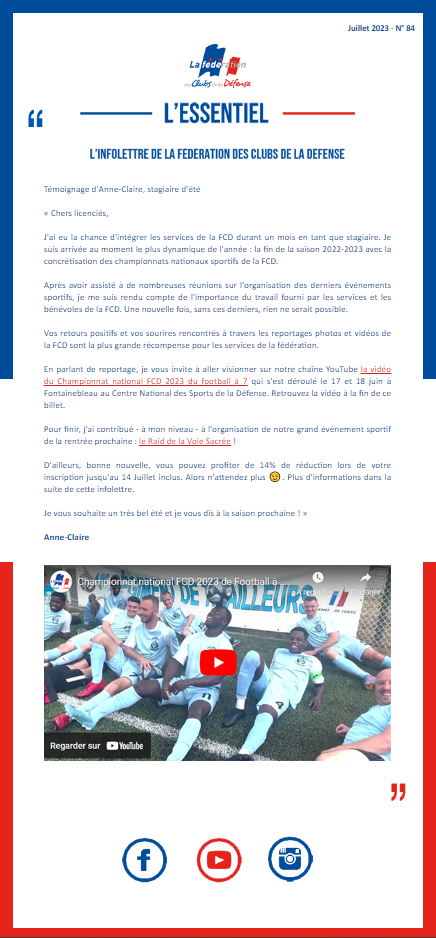 Newsletter « l'Essentiel » N°84  La Fédération des clubs de la défense